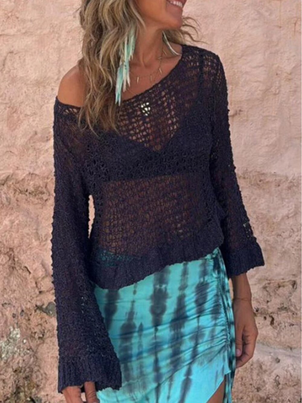 Visalia Knit Hollow Out Long Sleeve Loose Cover-up Sweater
